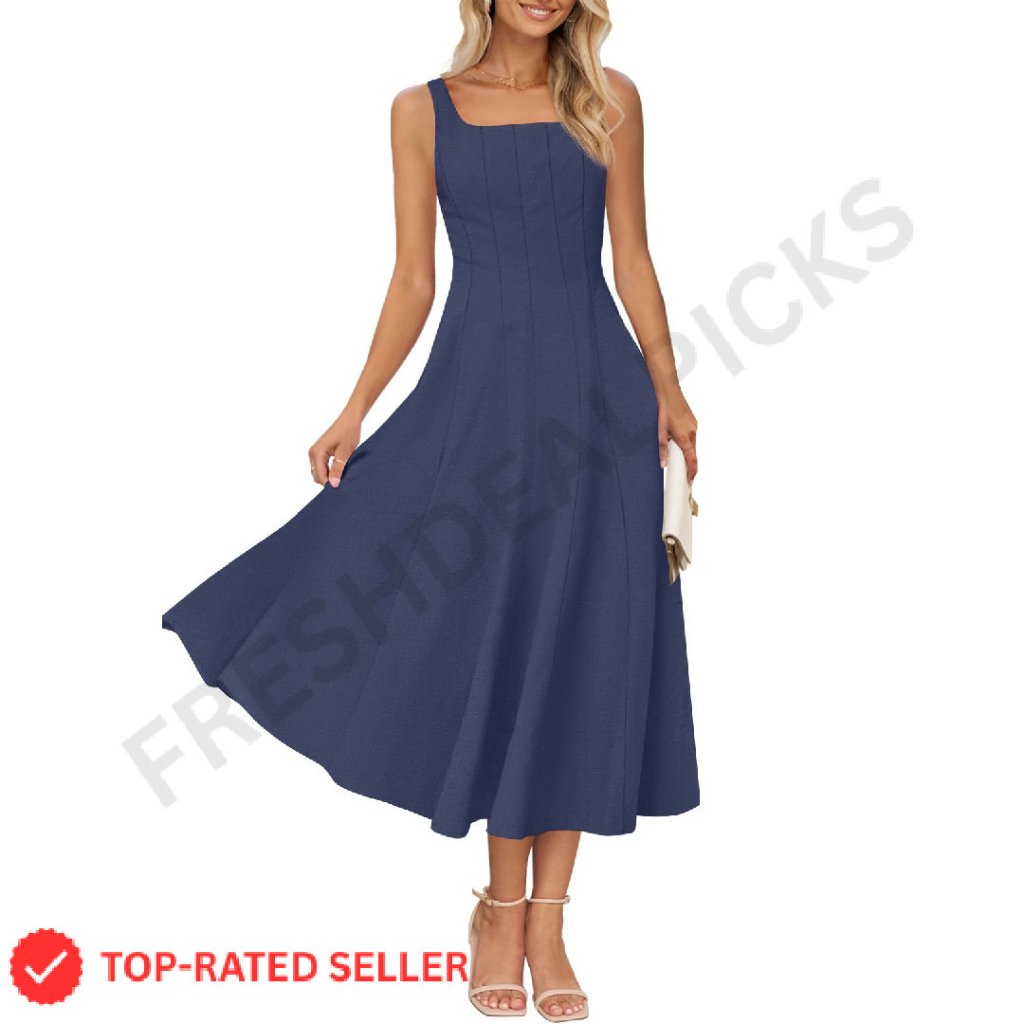 Sleeveless Square Neck Midi Dress Smocked Back Flowy A-Line Summer Chic
